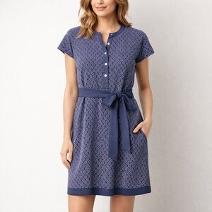 DKNY Women's Blue White Polka Dot Eyelet Lace Patterned Tunic Dress Size Large